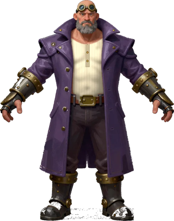 Dozer, a towering man with a grey beard, brass goggles and gauntlets, a long purple coat and a cream shirt, with his arms held wide.