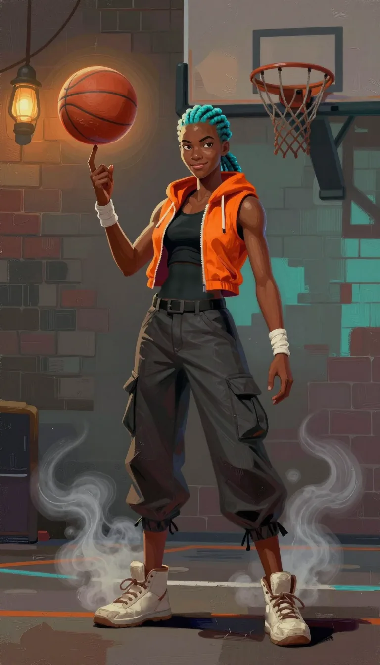 Vex, a young basketball player with turquoise braids and an orange vest, spins a basketball on one finger in a brick-walled court.