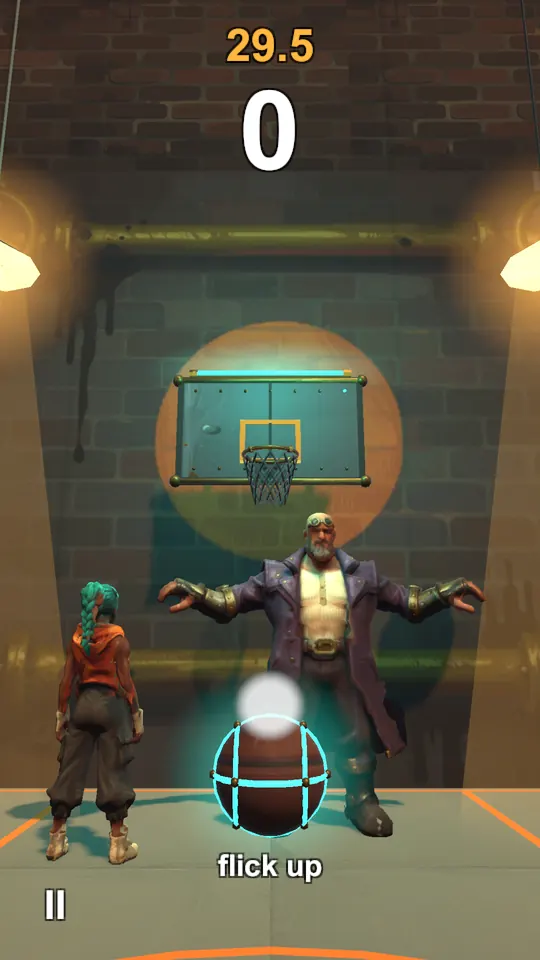 The game screen: a glowing basketball at the bottom, a hoop on a brick wall above, and the words flick up.
