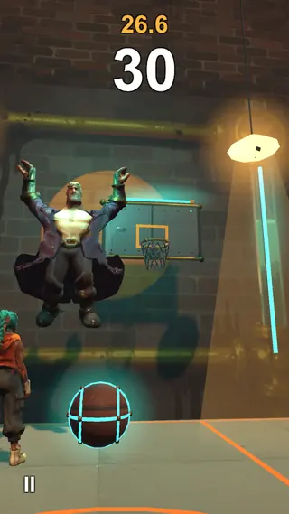 Dozer at the top of his jump in front of the backboard.