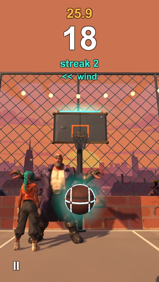 The rooftop court at sunset, with a wind arrow above the hoop.